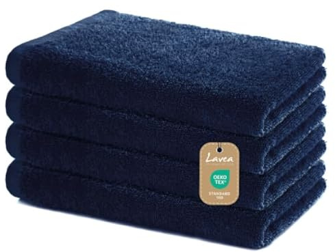 Lavea® Juego de 4 Toallas de Mano 40×70 cm – Toallas de Baño de Algodón 100% Suaves y Absorbentes, Certificado Oeko-Tex, Lavables a 60 °C, para Baño, Invitados y Gimnasio – Azul Marino