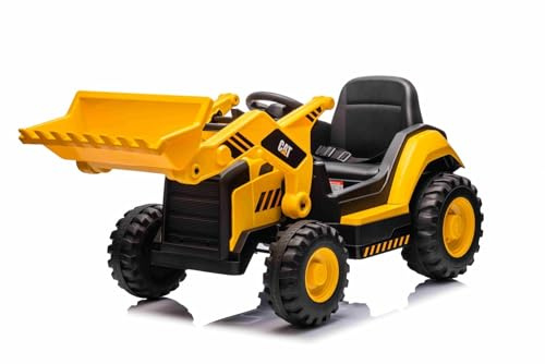 Excavadora eléctrica Caterpillar con Licencia, con Cubo Inclinado, Asiento Individual, Color Amarillo, Entrada USB para Reproductor MP3, tracción Trasera con 2 Motores de 30W y batería de Litio