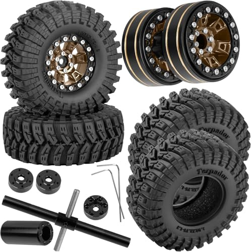 RCarmubWow RC 1.3 Beadlock Wheels and Tires Single & Dually for 1/18 TRX4M Ascent-18,1/24 SCX24 FCX24 RC Crawler Car,Aluminium & Brass 1.3 Rims w/All Terrain Rubber Tire,4pcs,Brown w/Black