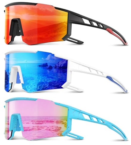 Foliful 3 Pack Polarized Sports Sunglasses Men Women, Running Mens Sunglasses UV Protection for Baseball Cycling Fishing, Ice Blue/Red/Pink Green
