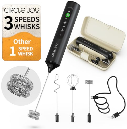 CIRCLE JOY Rechargeable Handheld Milk Frother Wand with 3 Variable Speeds, 3 Whisks and Storage Box, Electric Drink Mixer for Latte, Cappuccino, Hot Chocolate, Eggs and Protein Powder, Black