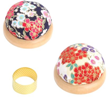 VQBKHO Set Puntaspilli da Cucito 2 Cuscinetti con Base in Legno Ditale in Metallo Dorato Accessori per Cucito Ricamo e Progetti Fai da Te
