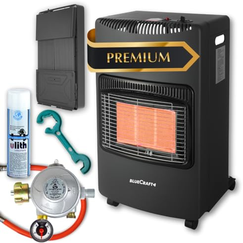 Bluecraft Heizofen Gas + Haushaltsregler Gasschlauch Gasregler Schlüssel | 4,2 kW Gasheizofen für Innenräume, Infrarot Heizstrahler, Gasheizer, Camping Heizung, Notheizung für Gasflasche 5kg 11kg