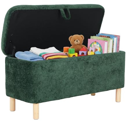 COLAMY Große Ottomane Aufbewahrungsbox für 80L, Ottomane Aufbewahrungsbank aus Holz mit rutschfesten Polstern und Klappdeckel, Fußhocker für Wohnzimmer, Schlafzimmer, Grün