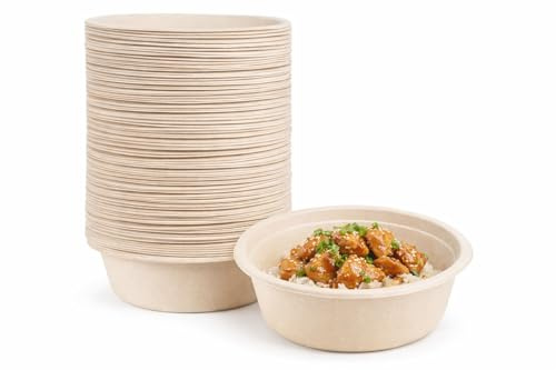 Bol Desechable Biodegradable Apto para microondas (100 KRAFT 350 ml) | Apto Microondas, Biodegradable y Compostable, Antigoteo, Para Caliente y Frío