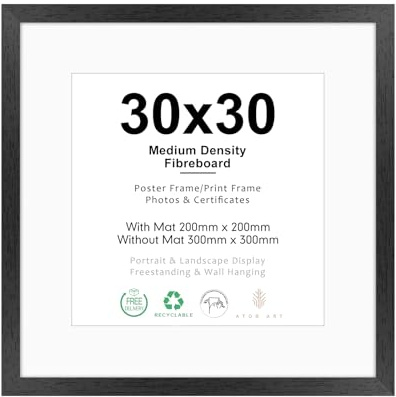 ATOBART Bilderrahmen 30x30cm MDF Schwarz | Picture Frame 30x30 zum Aufhängen,Holzrahmen mit Passepartout für 20x20cm Dokumente,Zertifikate,Fotos,Poster
