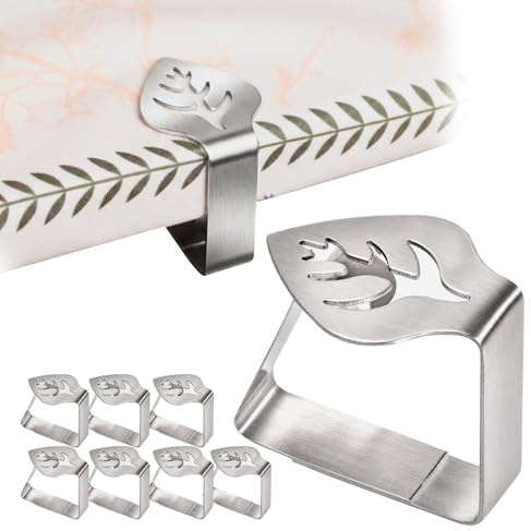 FamlTol Pince Nappe Lot de 8 Pince Nappe Exterieur INOX 304 Antirouille Fixation Forte Antidérapante Réutilisable Design Feuille pour Table Bois Verre Métal Camping Jardin Terrasse Cuisine