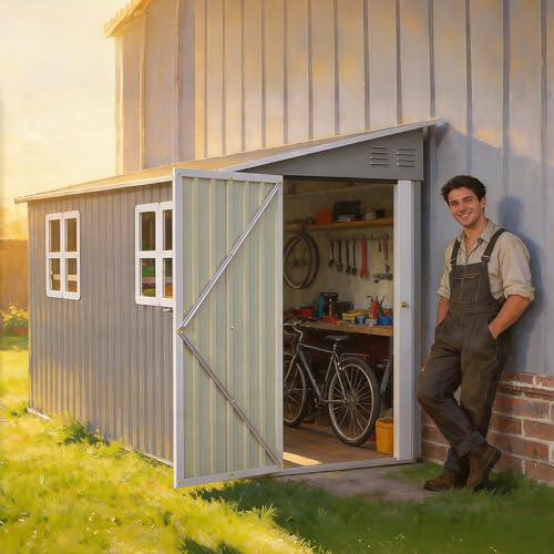 Utrustningsskjul metall 6 x 8 fot – hushus 4,5 m² förvaringsutrymme med dubbla dörrar och golv, väderbeständig som cykelgarage för 4–6 cyklar, trädgårdsredskap och motorcykel – stålskjul grå med