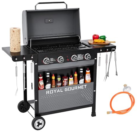 Royal Gourmet 4 Brenner Gasgrill Grillwagen mit 10 kW, Campinggrill mit klappbaren Seitenablagen, Ablagekorb, Haken