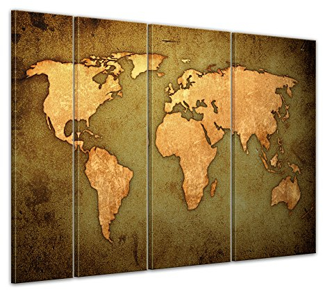 Bilderdepot24 Keilrahmenbild - Weltkarte - Bild auf Leinwand 180x120 cm 4 teilig - Leinwandbilder Bilder als Leinwanddruck Illustration - Landkarte - braun