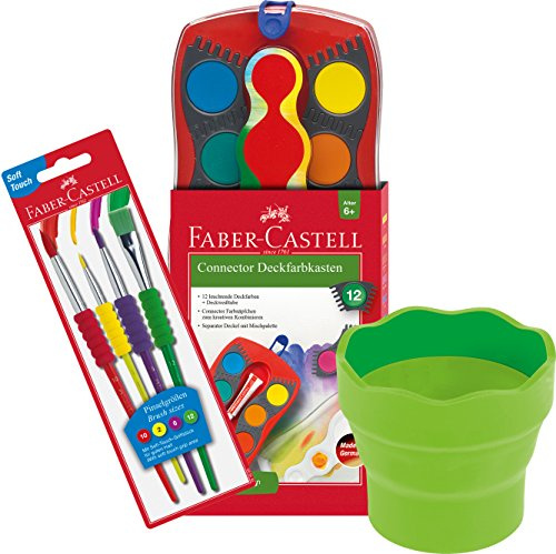 Faber-Castell - Farbkasten Connector mit 12 Farben, Inklusive Deckweiß, 4 Soft-Touch Pinseln und Wasserbecher in hellgrün