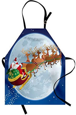 ABAKUHAUS Weihnachtsmann Kochschürze, Fantastische Weihnachtsnachtlandschaft mit Santa Claus auf seinem Schlitten Fliegen zum Mond, Höhenverstellbar Maschienenwaschbar Kein verblassen, Mehrfarbig