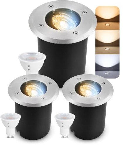 SSC-LUXon 3 Stück JUAVI Bodenstrahler dimmbar & schwenkbar IP67 rund - mit LED GU10 7W warmweiß 230V - Einbaustrahler Boden