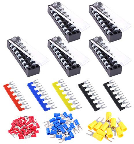 Glarks 70Pcs(5Sets) Terminal Block Set, 5Pcs 7 Positions 600V 15A Dual Row Screw Terminals Strip + 5Pcs Pre-Insulated Barrier Strips + 60Pcs Insulated Fork Wire Connector (7P+Fork Connector)