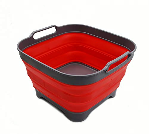 SAMMART10 L Faltschale mit Ablassschraube - Faltbares Waschbecken - Tragbare Geschirrspülwanne - Platzsparendes Küchenablagefach (Grau/Rot, 1)