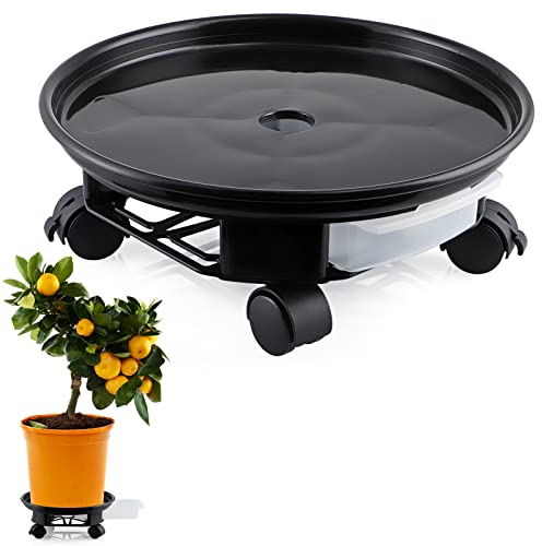 Skelang Plant Caddy 33cm, Plant Pallet with Water Container, Flower Pot Mover for Garden, Patio, Yard, Deck, Kitchen, Load Capacity 45kg, Black