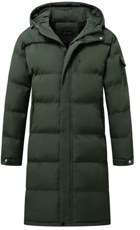 Allthemen Dunrock herr vinter lång quiltad kappa med huva varm vinterrock vinterparkas, #866 kaffe+grön, S