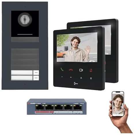 Mathfel 2 Familienhaus LAN IP Video Türsprechanlage, Unterputz-Türstation IP65, 2X 4,3 Zoll Monitor, HD-Kamera 170°, Türöffner-Funktion, Foto-/Video-Speicher