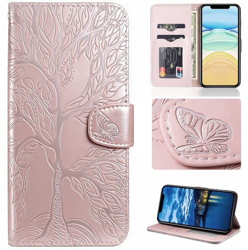 Aisenth Handyhülle für iPhone 7/8/SE 2020/SE 2022 hülle mit Kartenfächer | Baum Muster,Standfunktion,Kartenfächer,PU Leder,2 Kartenfächer+Geldfach+Handschlaufe,Stoßfeste,Magnetische,Rosa