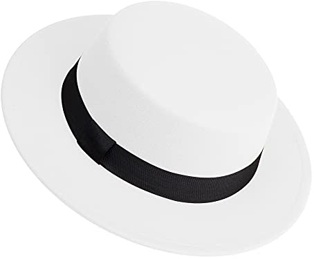 Klassisk Fedora-hatt platt topp hatt filt fläskpaj hatt brett brätte kyrka Derby keps för kvinnor och män, Vitt, M