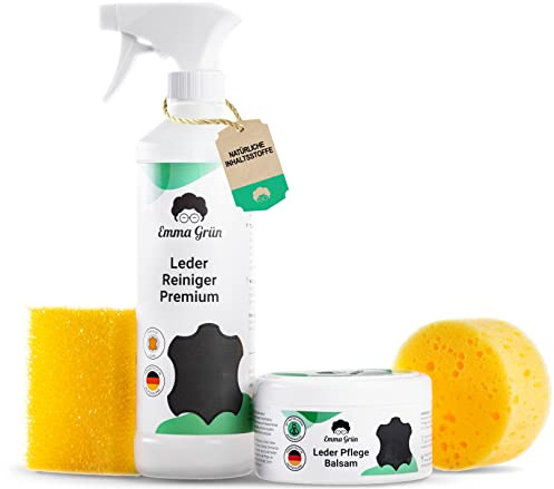 Emma Grün® Lederreiniger & Lederpflege Balsam Set für Auto & Sofa [MIT BÜRSTE + SCHWAMM] - Ideal für Glatt- & Kunstleder - Reinigung & Lederpflege für Ledercouch, Sofa, Autositze, Jacken & Schuhe