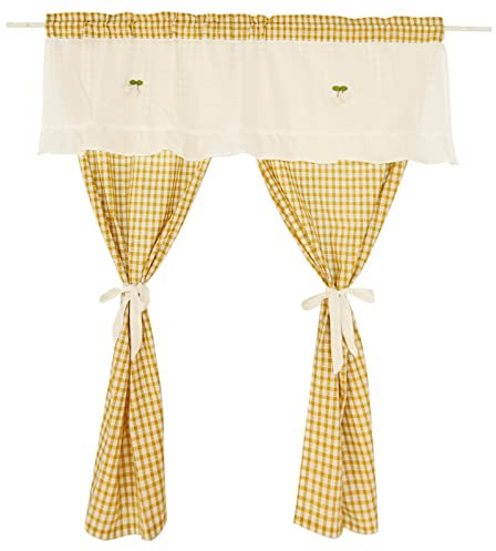 A.Monamour Gardine Scheibengardinen Kurzstores Gelber Baumwoll Kariert Karo im Mittel Schlitz Stil Kurzvorhang Kurzgardinen Küchengardine Küchenvorhang Küche Vorhang Fenster Kurz Stores Bistrogardine