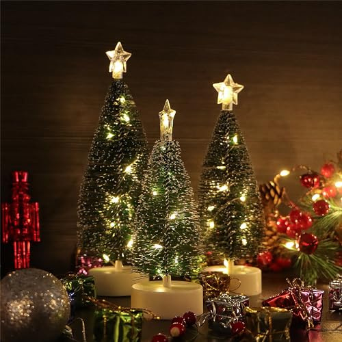 DRERIO 3 Árboles de Navidad pequeños con Luces, Mini Árbol de Navidad Artificial con pinos Artificiales LED, árbol de Navidad Delgado de plástico con Base para Decoración, 22,4 CM