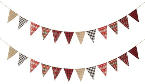 2 Pack Christmas Plaid Fabric Bunting Banner,Total 24 Pcs Red Green Beige Black Triangle Flags Garlands Banner for Wedding Christmas Birthday New Year Party Hanging Decoration