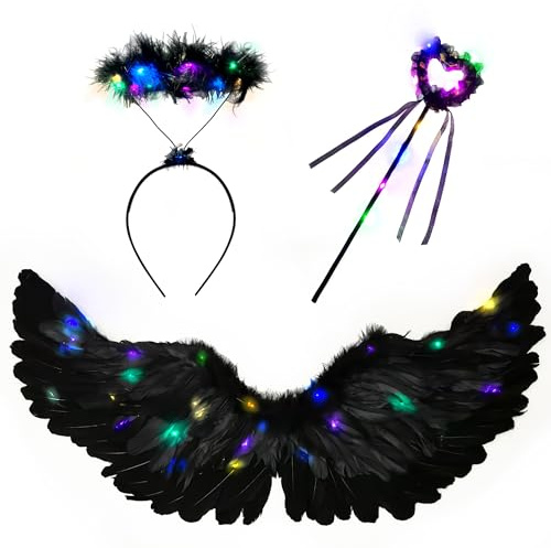 Goenb Leuchtend Engelsflügel, 80 * 40cm LED Engel Kostüm Damen Engelsflügel Schwarz Light up Engelsflügel Engels Flügel Kostüm Mit Heiligenschein Und Zauberstab Für Karneval Fasching Cosplay