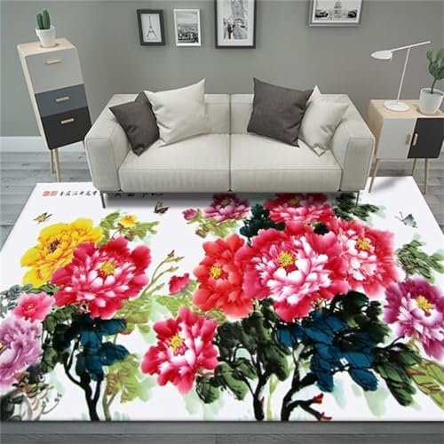 RUGMRZ Chinesischer Stil Teppich Blumenmuster Mädchen Schlafzimmer Dekoration Waschbar 200X300Cm Kinder Pflegeleicht Rot Jungen Kinderzimmer Maedchen
