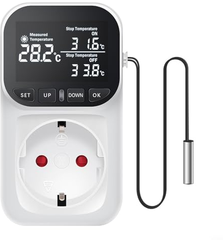 Digitaler Thermostat Temperaturregler Schalter Steckdose Steckdose 230V mit Fühler, LCD Bildschirm Timer Tag Nacht Temperaturregler für Gewächshaus Aquarium(Black)