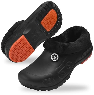 YUNGPRIME Men's Women's Fur Lined Non-Slip Boots Waterproof Fleece Garden Shoes Winter Work Shoes Chef Shoes with Soft Fleece Lining Black