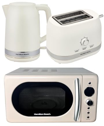 Hamilton Beach Kettle, Toaster & Microwave Set, Ella, 1.7L Electric Kettle, Wide Slot Toaster 2 Slice, Microwave, 20L Retro, Kettle & Toaster Set, Latte - ELLAL