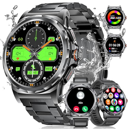 LIGE Militär Smartwatch Herren, Telefonfunktion, 3 Armbänders, 1,43''AMOLED-Smartwatch mit Kalorien, 5ATM Wasserdicht/120+ Sportmodi Outdoor Sportuhr mit Schrittzähler für Android iOS