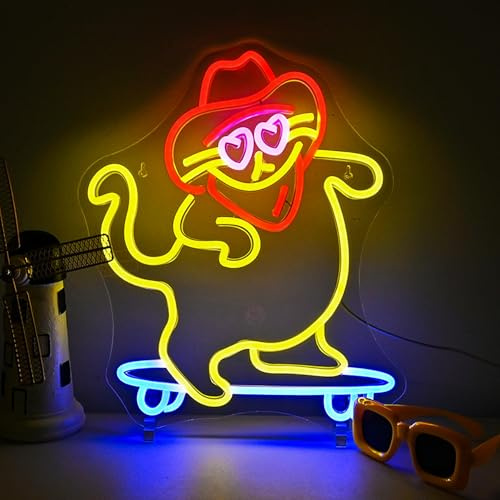 LUCUNSTAR Cute Glasses Cat Skateboard Neon Schild,USB-Betrieben mit Schalter,Dimmbares Tier-Neonlicht für Schlafzimmerdekoration,Tiergeschäft,Wanddekoration,Geschenk für Mädchen,Jungen,Party