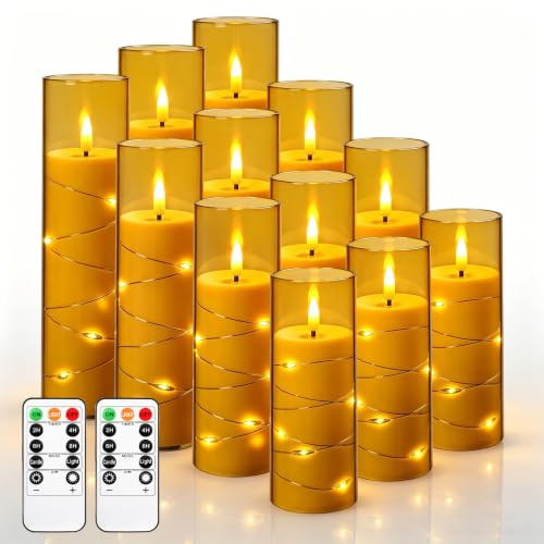 12 Pack Champagne Transparent Taper Candles, Black Wick Flickering Flameless LED Candles with Fairy Lights, Heat Resistant Reusable Plastic Candles, 2 Remotes, 14/16/18/20cm, Indoor Outdoor Decor