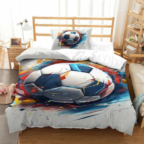 Juego De Ropa De Cama De 3 Piezas Juvenil Fútbol 3D Juegos De Fundas Nórdica con Cremallera para Funda Nórdica + Funda De Almohada Single（135x200cm）
