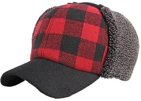 MZSKLW WintermüTze FüR DraußEn Winter Bomber Hüte Männer Verdicken Hut Earflap Baseball Kappe Rot Schwarz Plaid Winddicht Bomber Hut for Frauen WintermüTze FellmüTze(XL 58-60cm)