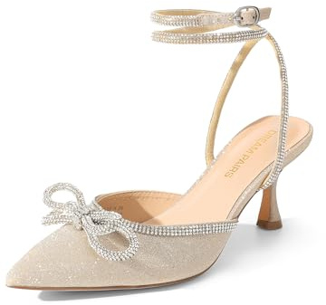 DREAM PAIRS Kitten Rhinestone Bow Ankle Strap Closed Heels | 2.76 heel Stiletto Pointed Women Pumps Wedding Bridal Party Dress Shoes