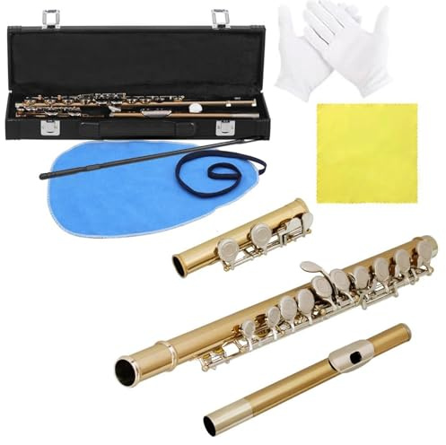Querflöte 16-Loch-Flöte Aus Gold Und Silber Mit Dichten Klappen Plus E-Klappenflöte Für Anfänger Mit Set-Box-Handschuhen Und Stäben