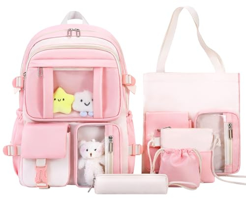 HORHEAR Kawaii mochila set 5 en 1 para estudiantes, mochila estética, múltiples bolsillos, Rosa, Rozmiar uniwersalny