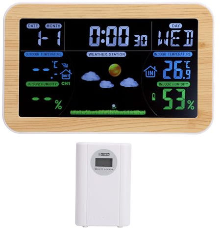 Väderstation med Flera Sensorer, Färgdisplay Digital Atomklocka Inomhus Utomhustermometer, Väderprognos, Temperatur, Daggpunkt, Luftfuktighet, Tid, Värmeindex