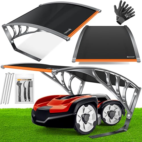 KESSER - Garaje para cortacésped robot (techo para cortacésped, resistente a la intemperie, con guantes y kit de cepillo, 82 x 103 x 47 cm), color negro y naranja