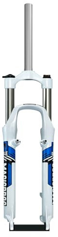 Federgabel für Fahrräder, 26 Zoll, Mountainbike-Federgabel, 1-1/8 Zoll, gerade, mechanische Fahrradgabel, Federweg 110 mm, Scheibenbremse + V-Bremse, Fahrradgabel, manuell, 9 x 100 mm QR (weiß/blau)