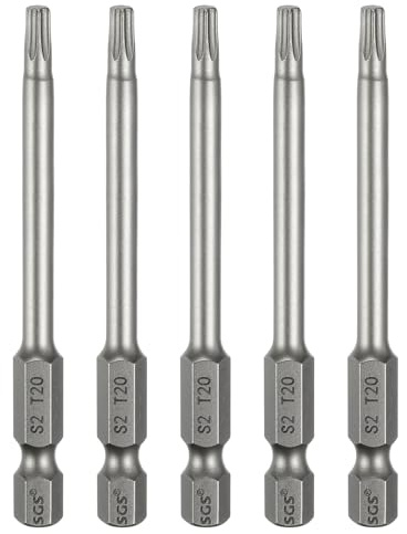 sourcing map 5pcs T20 Torx Testa Cacciavite Bit 1/4 Hex Shank 3 (75mm) Lungo Magnetico No Hole Tip Tamper Proof 6 Point Star Screw Driver Drill Bit S2 Acciaio Industriale Potenza Cacciaviti