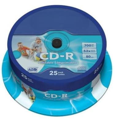 CD-R 700MB 52X AZO Printable, Pack de 25, idéal pour Le Stockage et la Copie de données, la Musique et la création de disques personnalisés.