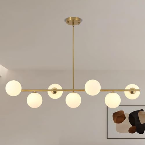 Moderne Pendelleuchte Wohnzimmer Gold,7 WeißE KugelföRmige Glas G9 Fassung | 110cm Esstischlampe Mit 7 Lampenschirme Kronleuchter,HäNgeleuchte Dekoration Des Schlafzimmer,Esszimmerlampe,Hotel,KüChe