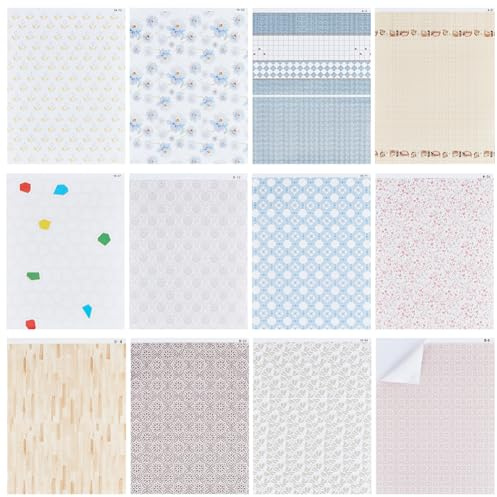 BENECREAT 12 Colors Miniatures Dollhouse Wallpaper, 28.5x21cm/11.2x8.3 Inch Modle House Floorboard Paper Sticker for DIY 1/12 Scale Dolls House DIY Decor