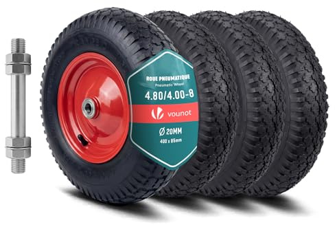 VOUNOT® 4 x Schubkarrenrad Luftreifen 4.80/4.00-8, Ersatzrad 400x85 mm mit Schlauch, Kugellager, Innenloch Ø20 mm inklusive Achse, für Sackkarre Gartenkarren und Bollerwagen