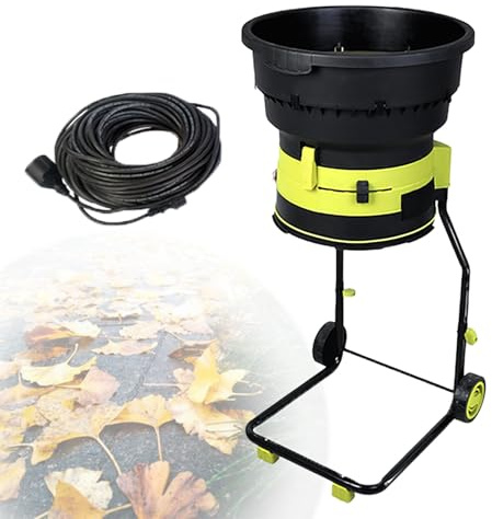 LwiftGal Trituratore Elettrico per Foglie da 2500W con Ruote, Cippatore da 8000 Giri/Min, Imbuto da 54 Cm di Diametro, Rastrello per Foglie E Sacco di Raccolta per Uso in Giardino 40mpowercord